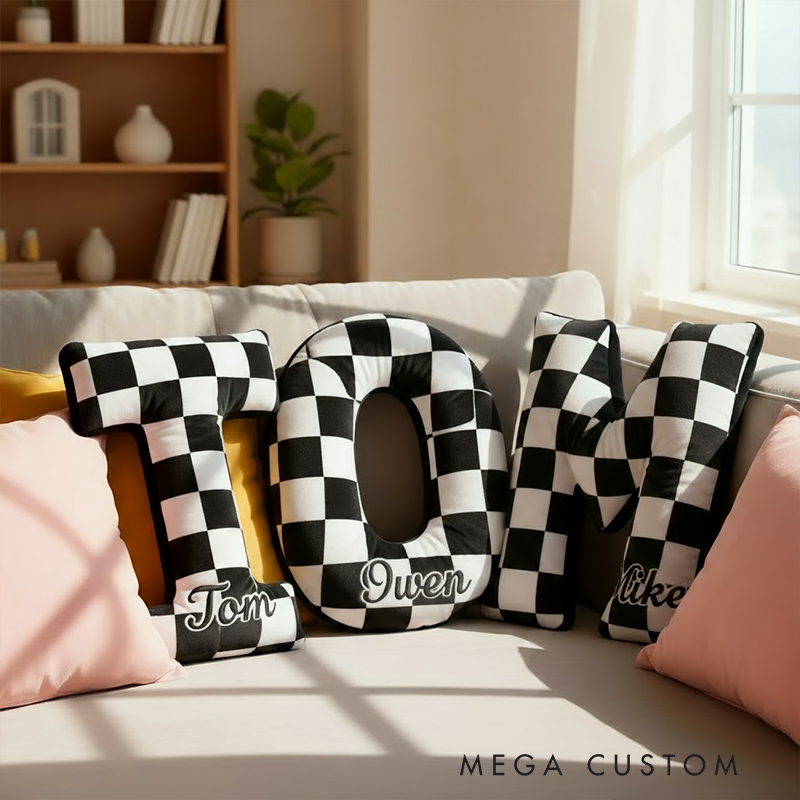 Personalized Racing Letter Throw Pillow Custom Name Check Flag Cushion Gift for Racers and Racing Lovers