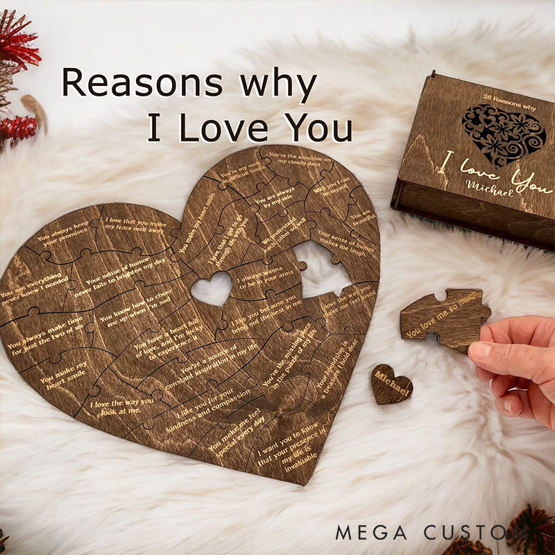 Personalized Couple Wooden Heart Puzzle Reasons Why I Love You Box Custom Anniversary Gift for Husband Wife Boyfriend Girlfriend Bride Groom