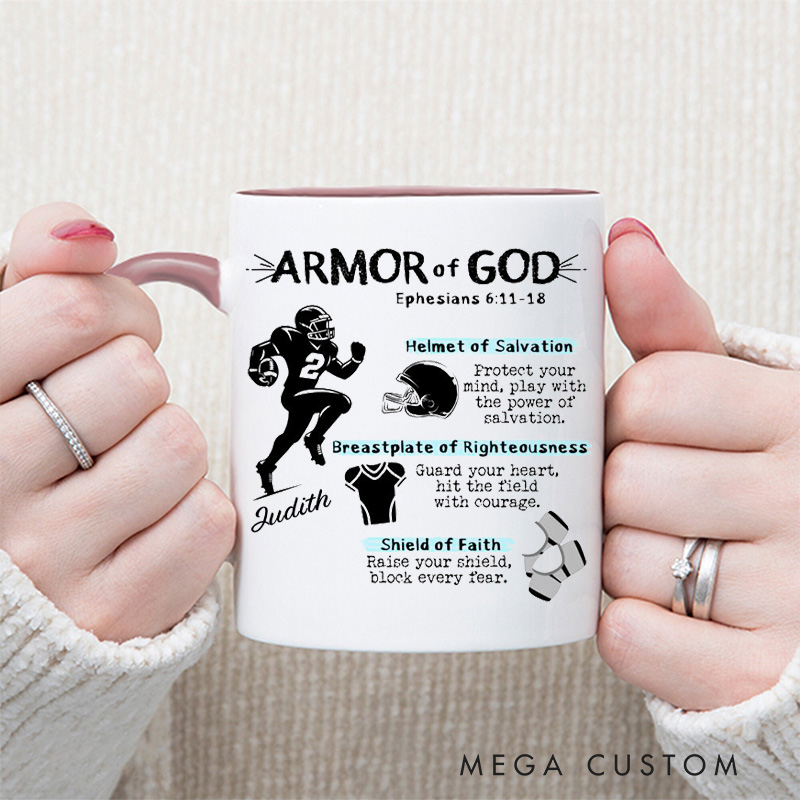 Personalized Armor of God for Football Ceramic Mug with Name Religious Inspirational Gift for Christians