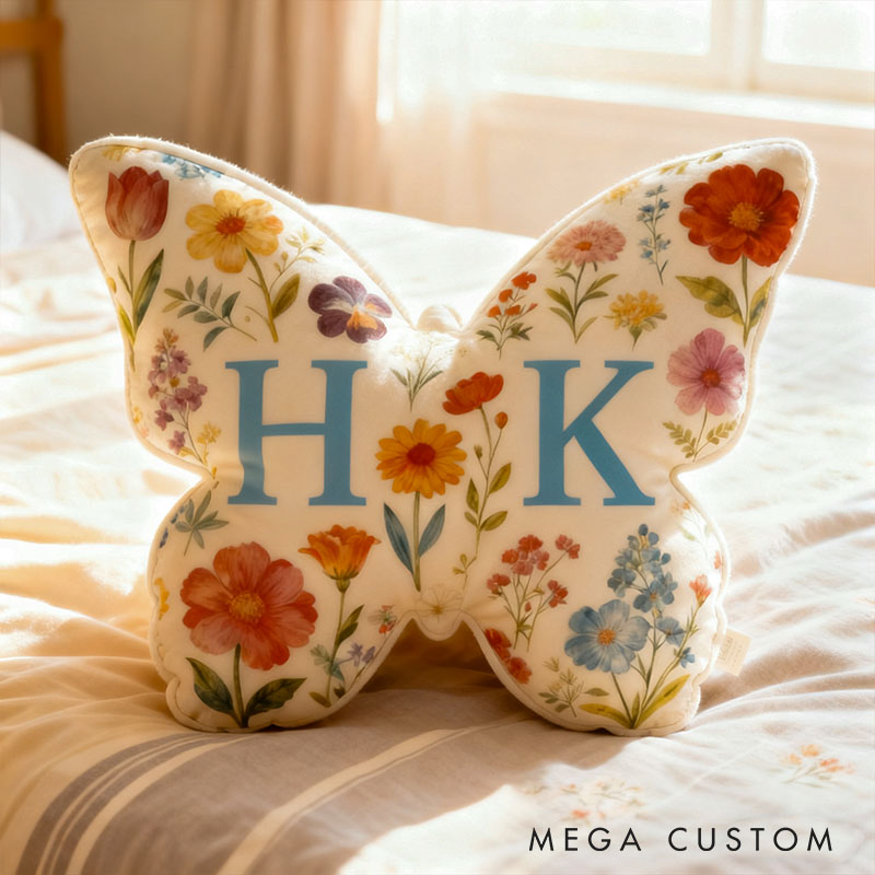 Personalized Couple Butterfly Floral Pillow Newlyweds Initials Cushion Valentine's Day Pillow for Husband Wife Christmas Gift for Boyfriend Girlfriend