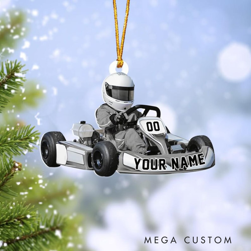Personalized Go Kart Racing Ornament Custom Name and Number Christmas Acrylic Decoration Gift for Race Car and Kart Lovers