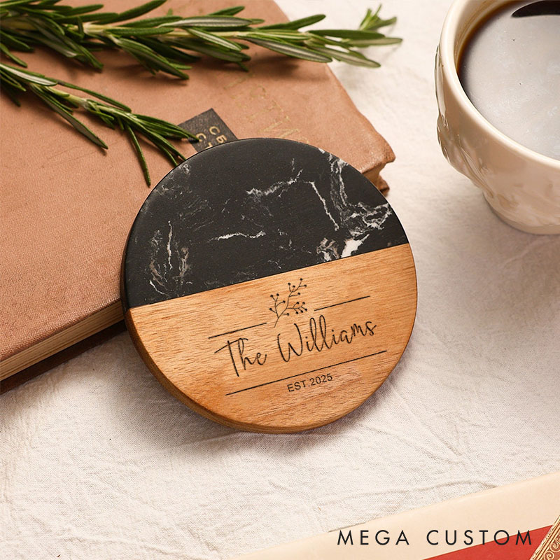 Personalized Wooden and Marble Coasters Custom Wedding Gift Coasters Engraved Wood Anniversary Gift Coaster for Couple Engagement Valentines Gift