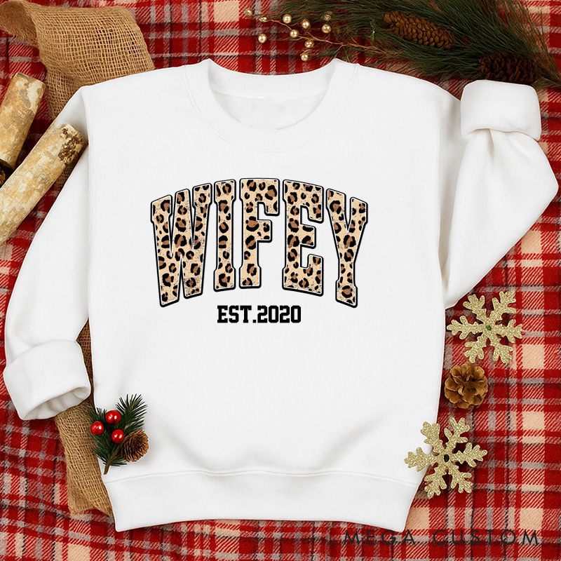 Personalized Wifey Sweatshirt Custom Leopard Print Sweatshirt With Design On Sleeve Anniversary Gift For Wife 