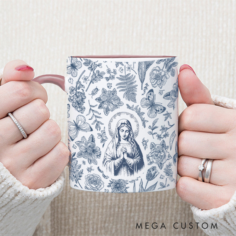Personalized Catholic Virgin Mary Vintage Floral 11oz Ceramic Mug with Name Our Lady Coffee Cup Catholic Mug Marian Mug Christian Gift for Women