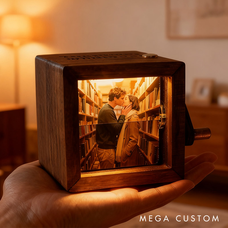 Personalized Photo Flipbook Animation Box Custom Newlyweds Wooden Photo Book with Light Christmas Crank Photo Box Picture Box Anniversary Gift