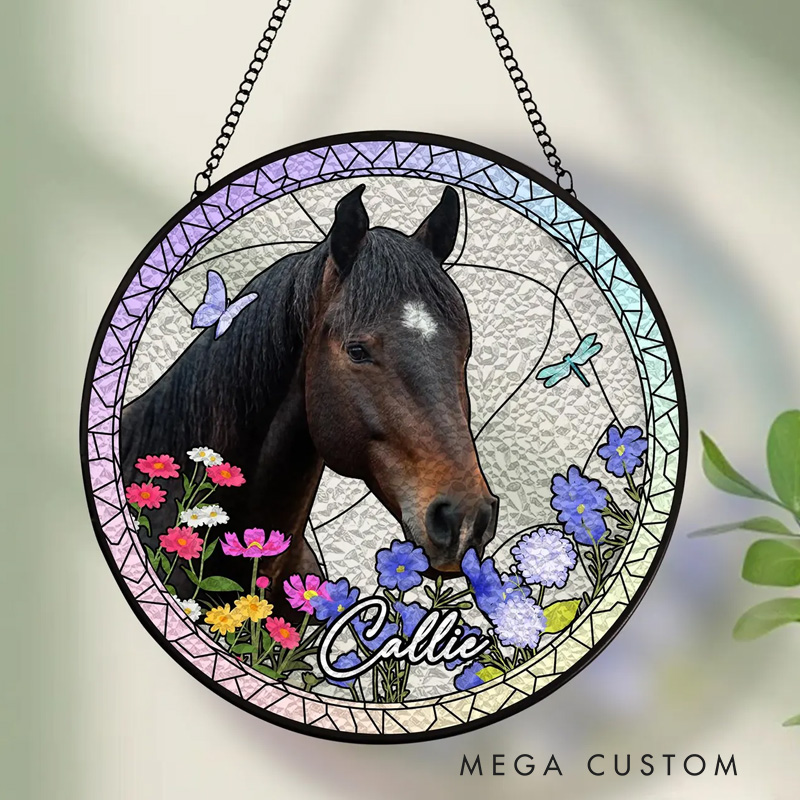 Personalized Horse Stained Glass Suncatcher Photo Horse Loss Memorial Gifts for Equestrian Ridng Lovers 