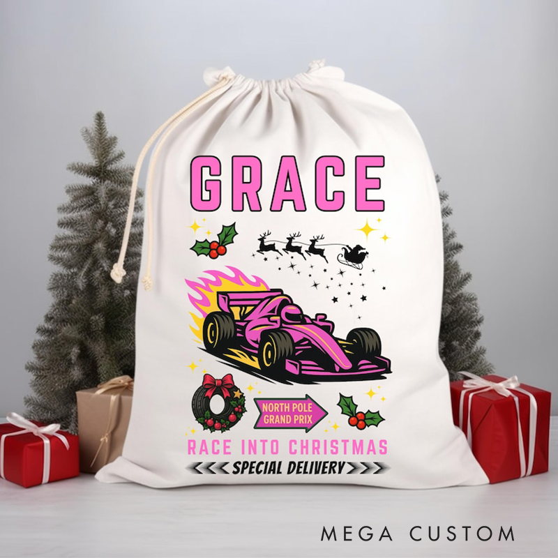 Personalized Racing Christmas Sack Custom Name and Car Color Gift Bag for Racing and Car Lovers