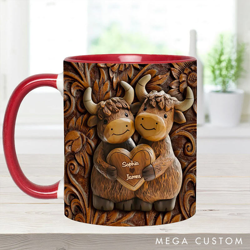 Personalized Highland Cow Couple Mugs Costom Names Couple Gift Mug for Boyfriend Girlfriend Funny Couple Mugs