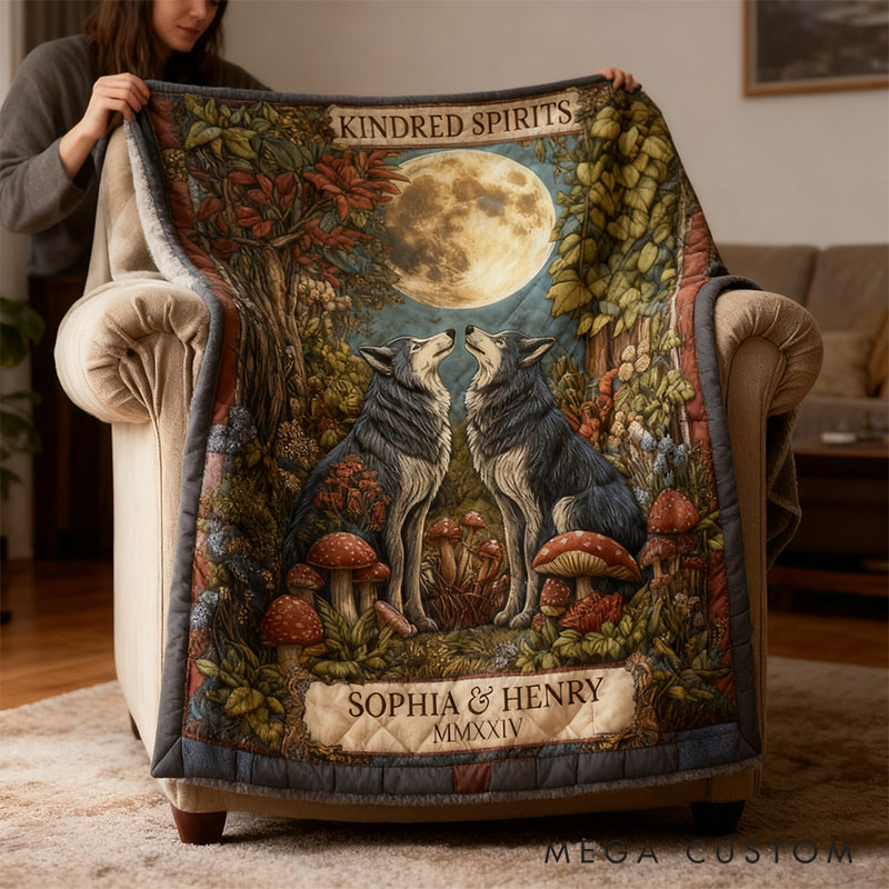 Personalized Couple Wolf Kindred Spirits Blanket Custom Newlyweds Name and Roman Numerals Blanket Valentine's Day Gift for Husband Wife Bride Groom