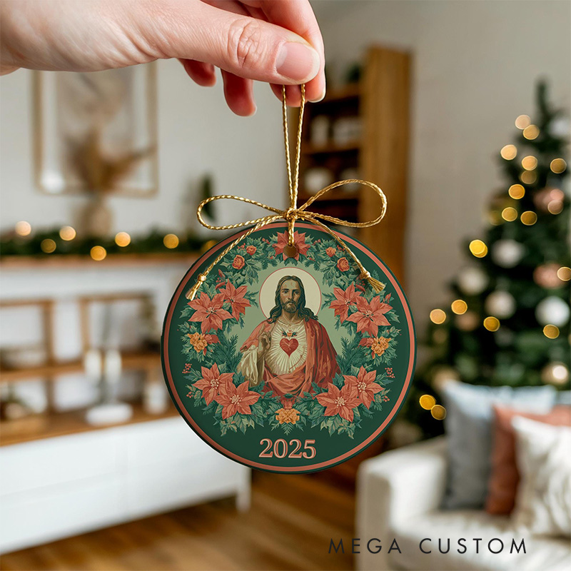 Personalized Sacred Heart of Jesus Ceramic Ornament with Year Religious Gift Christmas Home Decor Catholic Gift