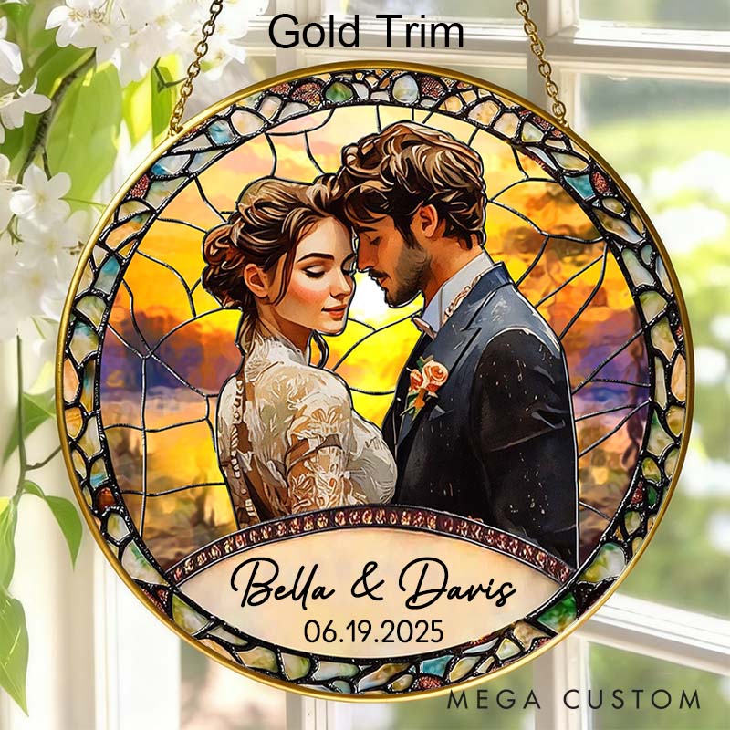 Personalized Couple Stained Glass Photo Suncatcher Newlyweds Portrait Window Hanging Decor Anniversary Gift for Husband Wife Boyfriend Girlfriend