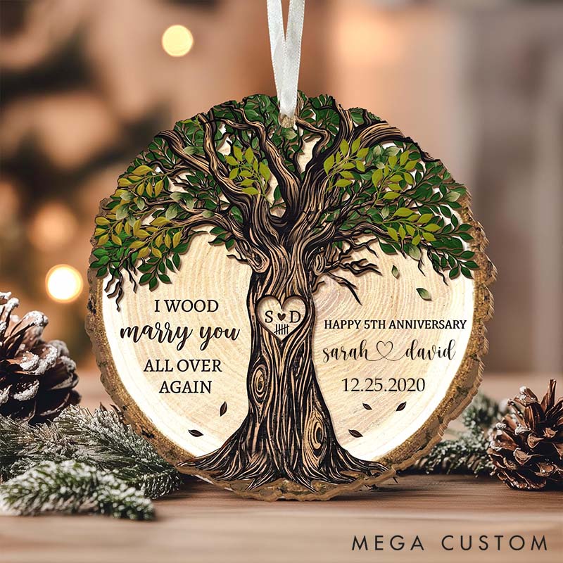 Personalized 5th Anniversary Wooden Ornament Wood Anniversary Gift for Couples Husband Wife 5 Years Anniversary Wood Ornament