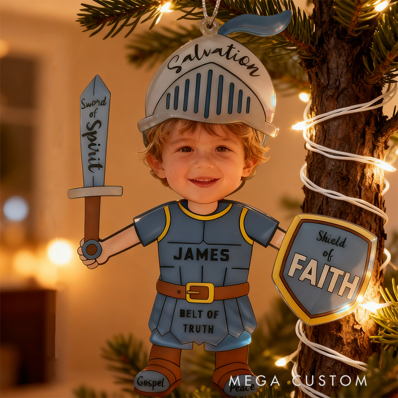 Personalized Armor of God Acrylic Ornament with Photo and Name Holiday Tree Decor Christmas Keepsake Religious Christmas Gift for Boys