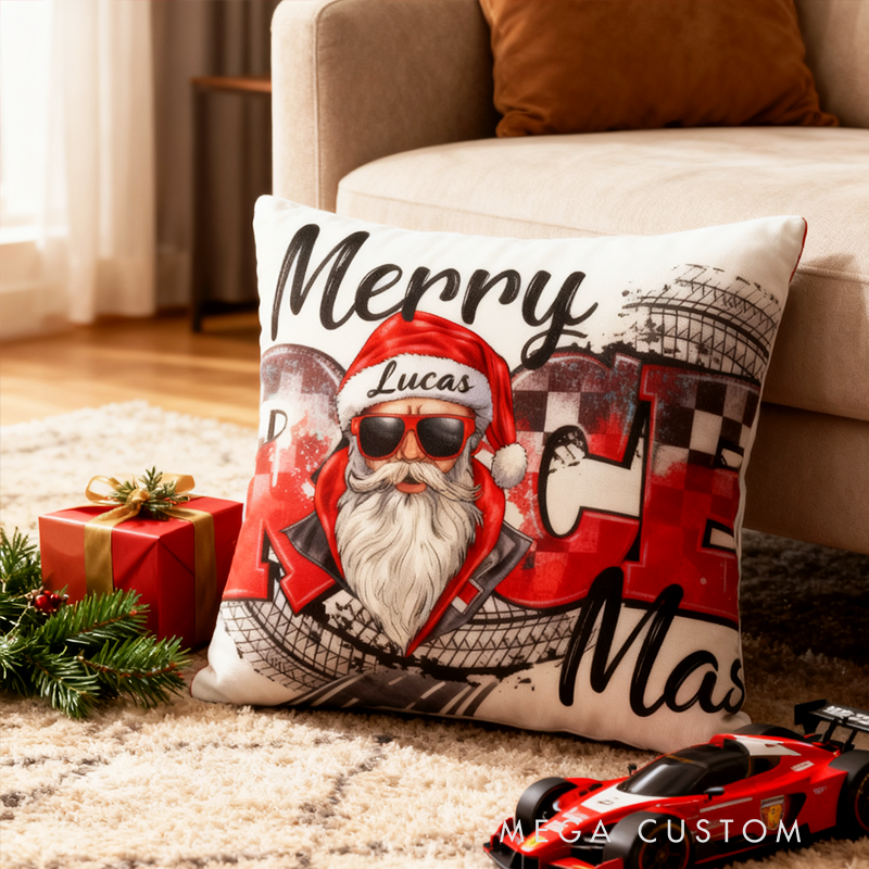 Personalized Merry Race Mas Pillow Custom Name Racing Santa Claus Christmas Throw Pillow Gift for Racers and Car Lovers