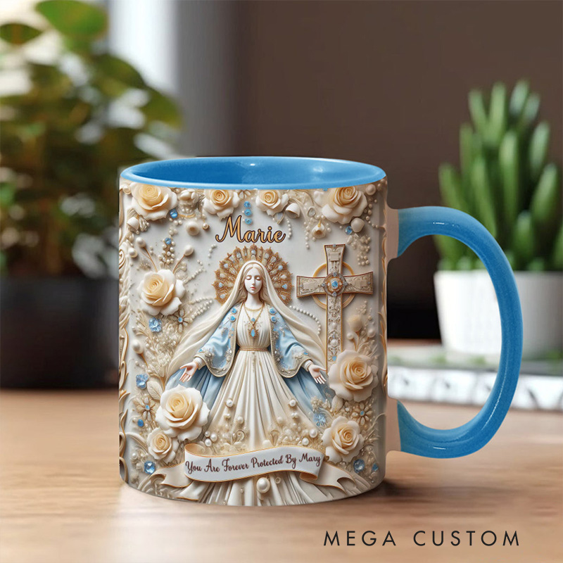 Personalized you are Forever Protected by Mary Ceramic Mug with Name Religious Inspirational Gift Catholic Gift for Women