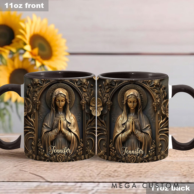 Personalized Vintage Virgin Mary Ceramic Mug with Name Religious Inspirational Gift Catholic Gift for Women