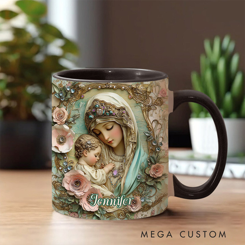 Personalized Virgin Mary Baby Jesus Ceramic Mug with Name Religious Inspirational Gift Catholic Gift for Women