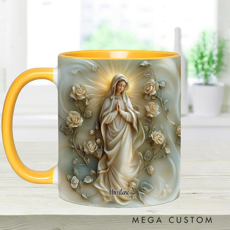 Personalized Virgin Mary Floral Ceramic Mug with Name Religious Inspirational Gift Catholic Gift for Women