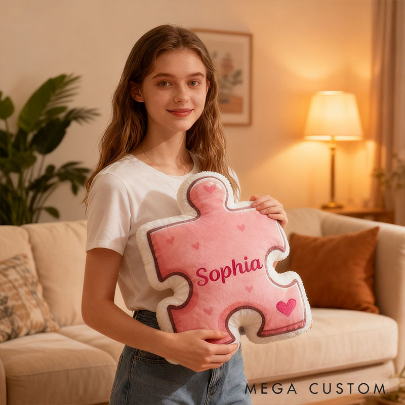Personalized Girlfriend Pink Heart Puzzle Piece Pillow Custom Wife Name Cushion Valentine's Day Pillow for Husband Wife Christmas Gift for Him Her