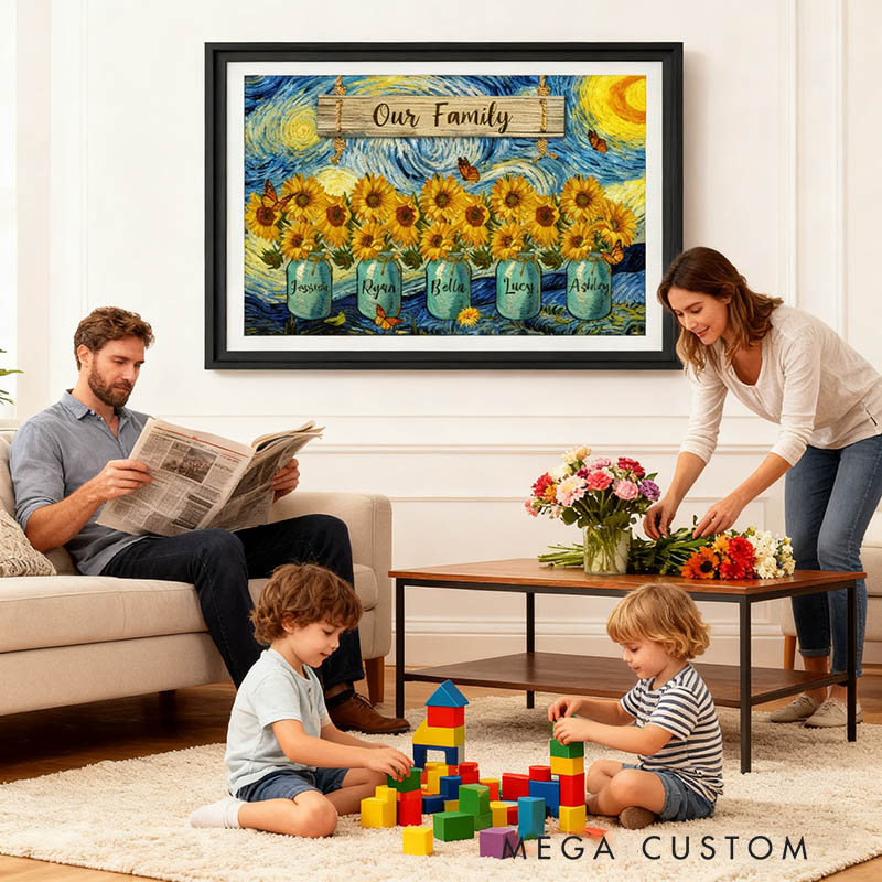 Personalized Our Family Van Gogh Style Starry Night Sunflower Vase Poster Without Frame Custom Art Lover Gift for Her Mom Grandmother for Mother's Day