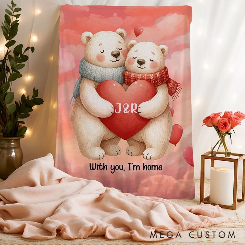 Personalized Cartoon Couple Bear in Love Blanket Custom Newlyweds Name Beer Heart Blanket Valentine's Day Gift for Husband Wife Boyfriend Girlfriend