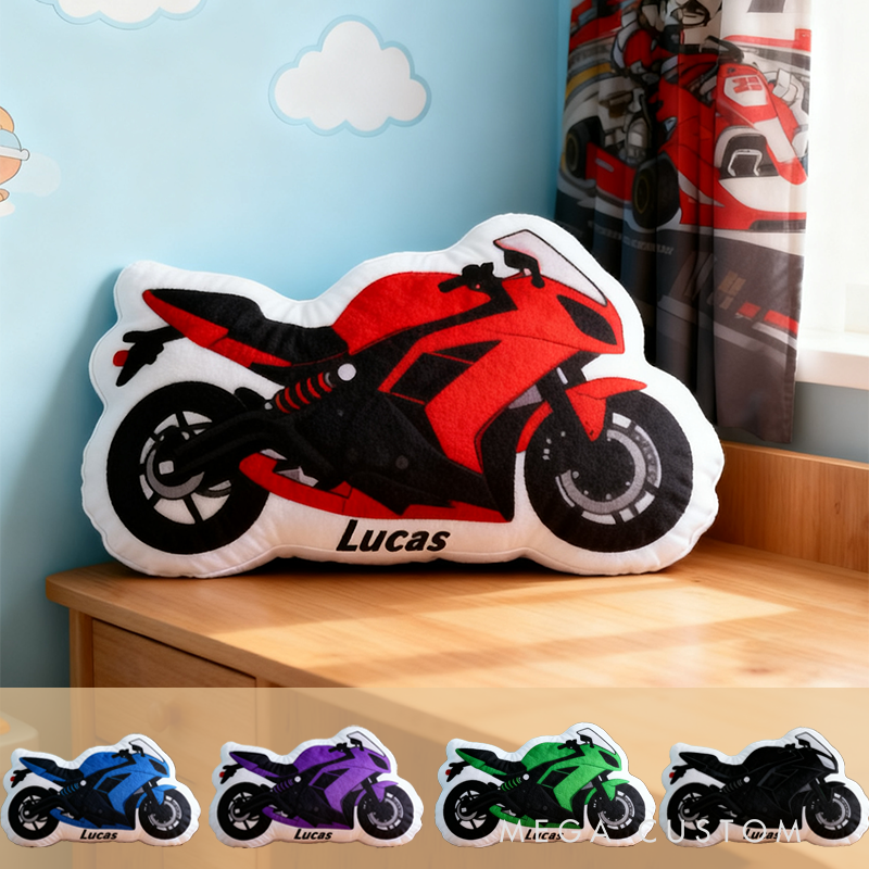 Personalized Motorcycle Pillow Custom Name and Color Motorcycle Shaped Cushion Gift for Motorcyclists and Racing Fans