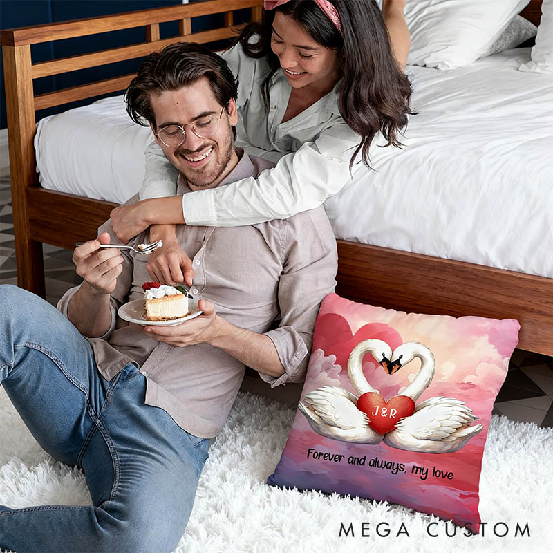 Personalized Cartoon Couple Swans in Love Pillow Custom Newlyweds Name Swans Heart Pillow Valentine's Day Gift for Husband Wife Boyfriend Girlfriend