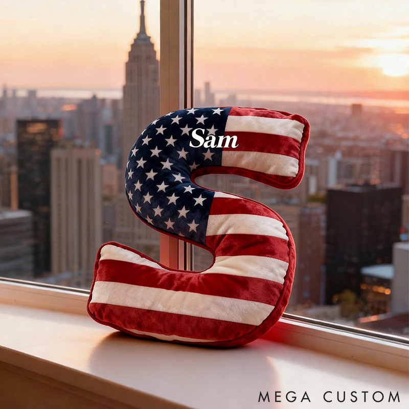 Personalized American Flag Initial Pillow Custom Initial Pillow with American Flag for Boy Girl Friend Patriotic Pillow