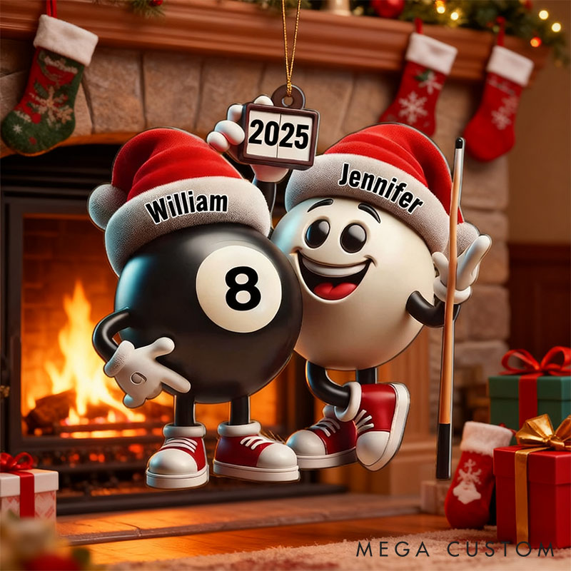 Personalized Funny Pool Ball Design 2D Flag Couple Ornament Chrismas Decoration with Names Chrismas Gift for Husband Wife