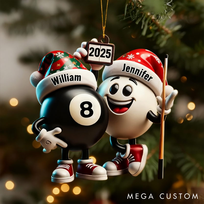 Personalized Funny Chrismas Pool Ball Design 2D Flag Couple Ornament Chrismas Decoration with Names Chrismas Gift for Husband Wife