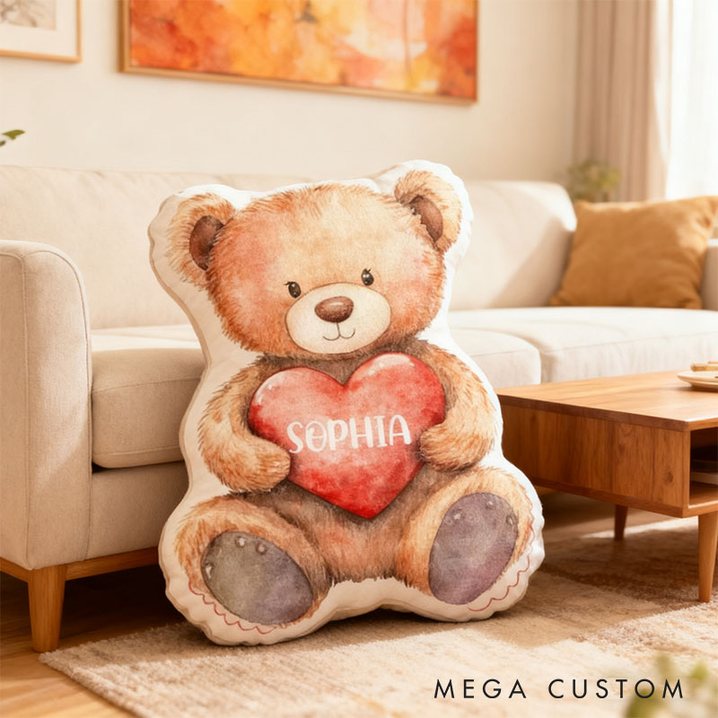 Personalized Flower Girl Bear Heart Pillow with Name Custom Couple Initials Cushion Valentine's Day Gift for Girl Christmas Gift for Girlfriend Wife