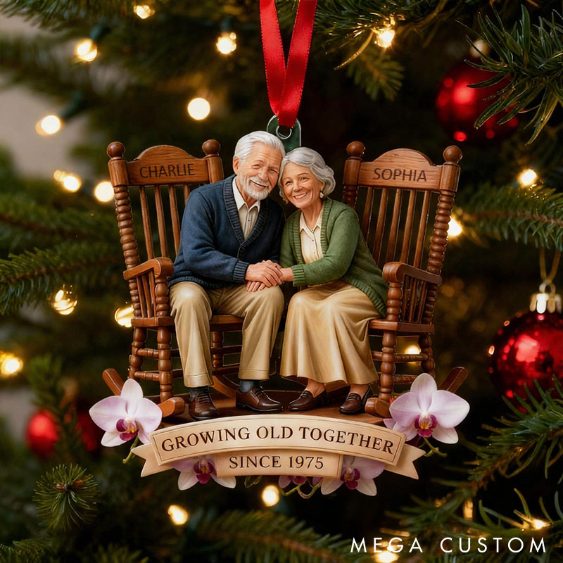 Personalized Growing Old Together Anniversary Ornament Couple 2D Flat Acrylic Ornament with Flowers Sitting Together Vintage Christmas Gift