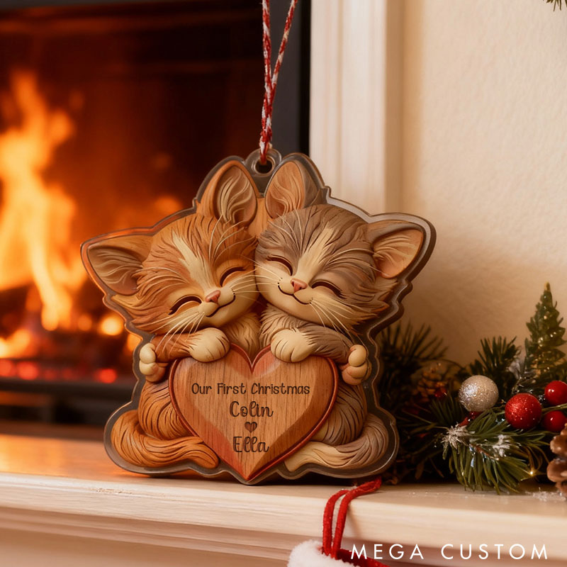 Personalized 2D Flat Printed Faux Wood Couple Cat Acrylic Christmas Ornament Custom Newlywed Xmas Ornament Our First Christmas Gift for Animal Lovers