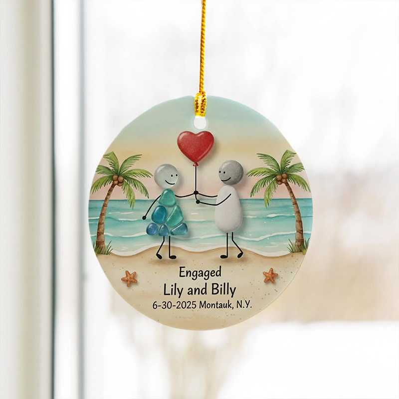 Personalized Faux Sea Glass Couple 2D Flag Chrismas Tree Couple Ornament Chrismas Decoration Gift for Husband Wife for Girfriend Boyfriend