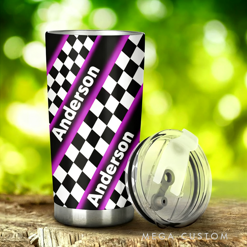 Personalized Checkered Racing Tumbler Custom Name Stainless Steel Travel Mug Gift for Racers and Racing Lovers