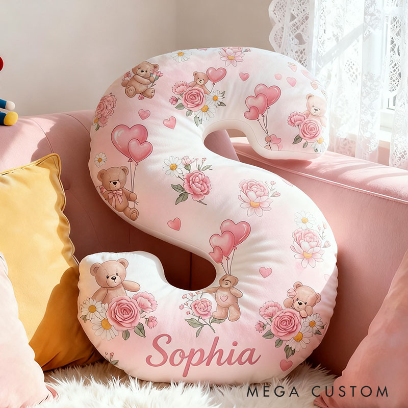 Personalized Flower Girl Pink Floral Bear Heart Balloon Letter Pillow Custom Couple Cushion Wedding Gift for Girl Christmas Gift for Girlfriend Wife