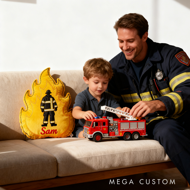 Personalized Firefighter Flame Pillow Custom Name and Color Fire Shape Cushion Gift for Firefighter Families