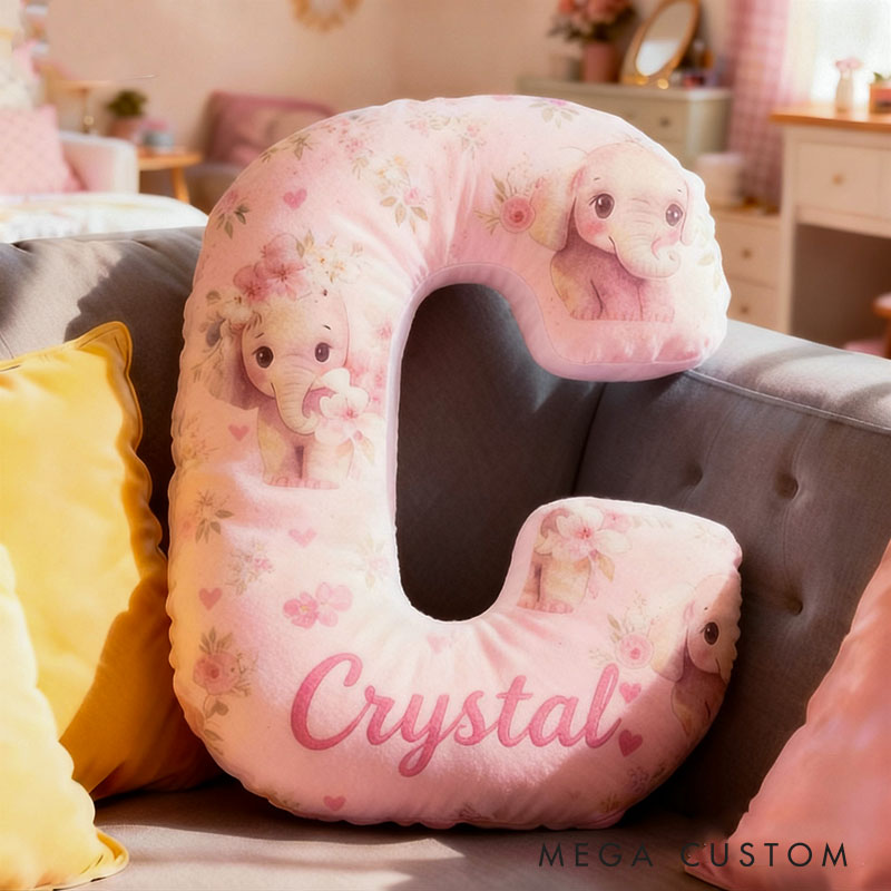 Personalized Flower Girl Pink Floral Elephant Heart 26 Letter Pillow Custom Girl Name Cushion Wedding Gift for Girl Christmas Gift for Girlfriend Wife