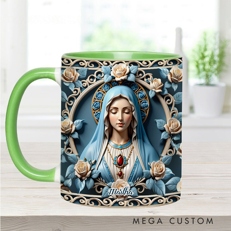 Personalized Mother of God Rosette Wreath Emblem Ceramic Mug with Name Religious Inspirational Gift Faith Gift Catholic Gift for Women