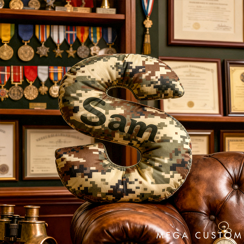 Personalized Camo Throw Pillow Initial Shaped Pillow Custom Throw Pillow with Name Military Style Pillow Gift for Men Boys Military Adventure-Themed Gifts