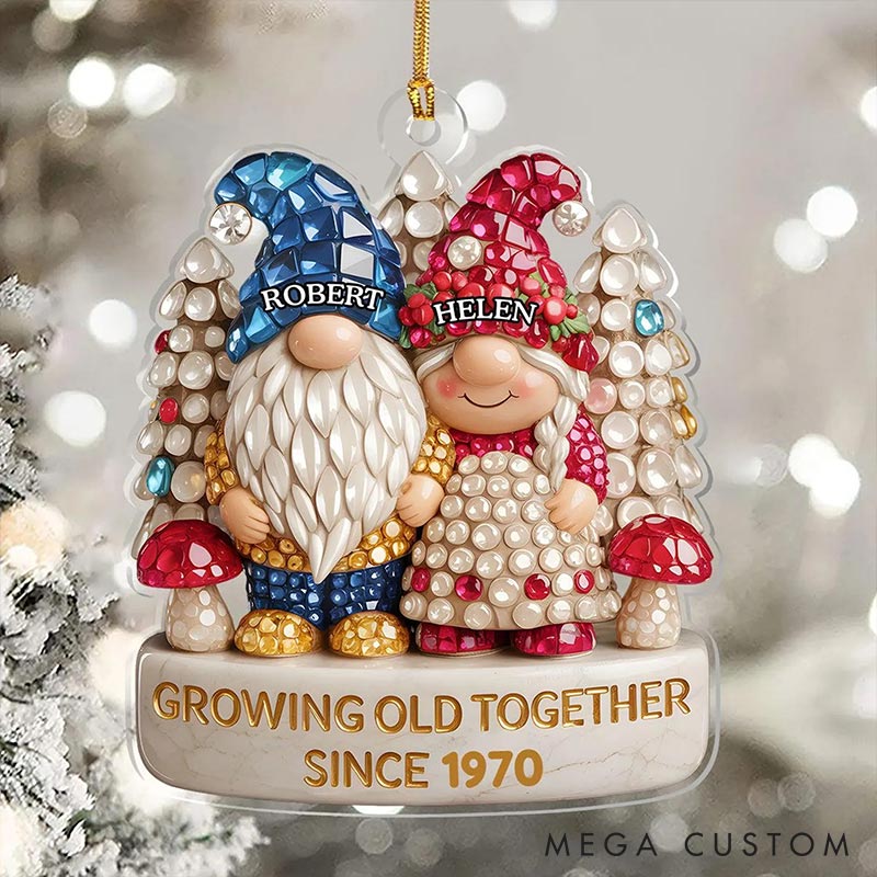 Personalized Growing Old Together Since Faux Diamond Gnome Couple 2D Flag Ornament Chrismas Decoration Gift for Husband Wife for Girfriend Boyfriend