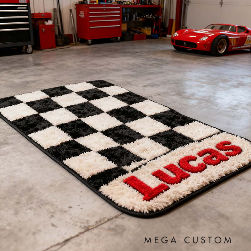 Personalized Racing Checkered Flag Rug Custom Name Black and White Carpet for Racers Room or Racing Fans