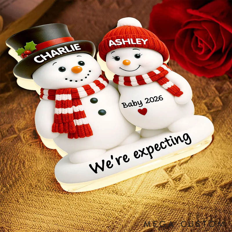 Personalized Couple Snowman Parents We're Expecting Pregnancy Baby Arriving Light Box Custom Night Light Decor Our First Christmas Gift for Him Her
