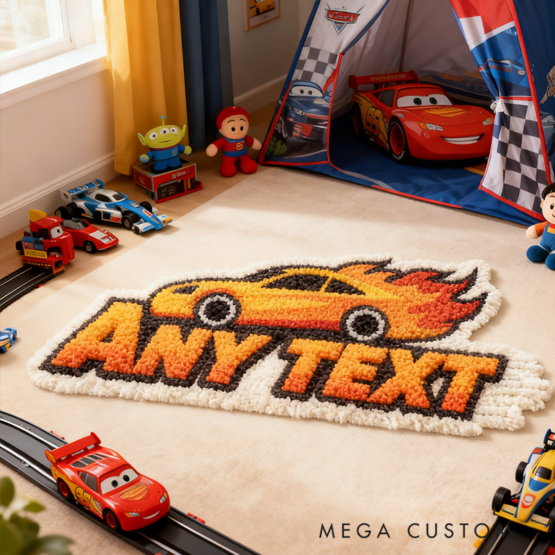 Personalized Racing Flame Shaped Rug Custom Text Sports Car Carpet for Racers and Motorsport Families