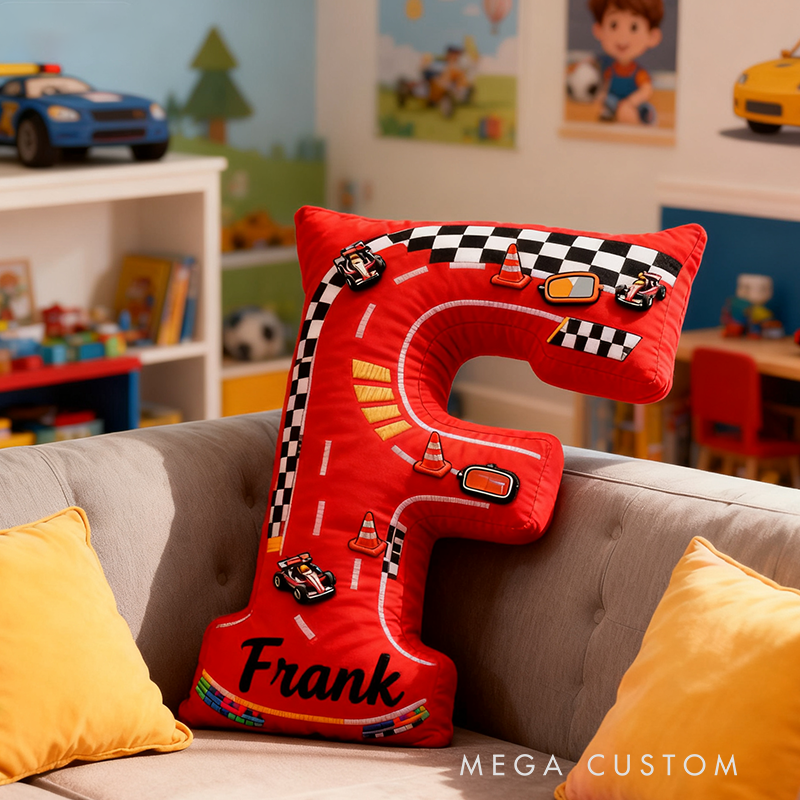 Personalized Racing Letter Pillow Custom Name 3D Graphic Print Race Track Alphabet Cushion for Racers and Motorsport Fans