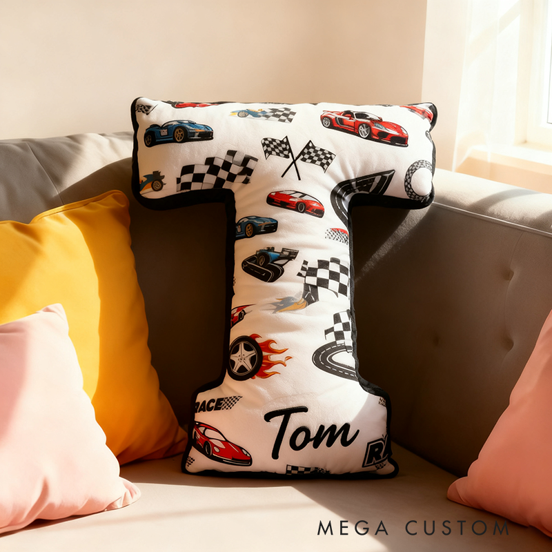 Personalized Racing Letter Pillow 3D Graphic Print Custom Name Alphabet Cushion with Stacked Racing Elements