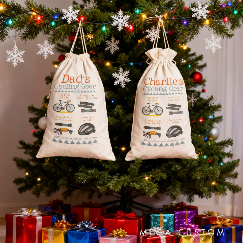 Personalized Merry Christmas Sack Family Christmas Gift Wrap Bag Cycling Storage Sack Mountain Bike Gift Cotton Cycling Kit Sports Bag Gift for Cyclist Bicycle Biker Riding Lovers