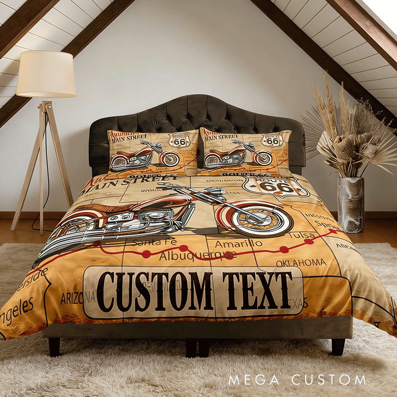 Personalized Retro Route Motorcycle Duvet Cover Custom Name Bedding Quilt Cover Gift