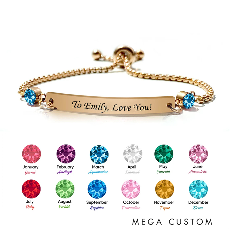 Personalized Birthstone Bracelet Engraved Bar Bracelet for Her with Any Name Custom Gift for Mum Sister Bridesmaid Auntie Girlfriend