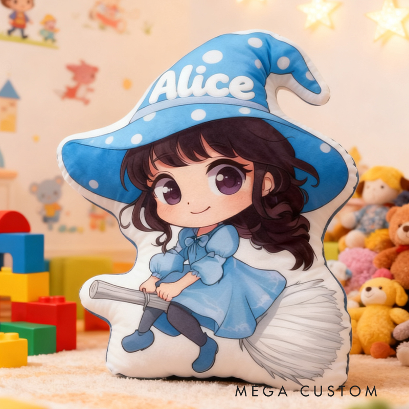 Personalized Graphic 3D Print Magic Witch Pillow with Your Name Soft Stuffed Toy for Kids Unique Decorative Cushion for Girls' Room